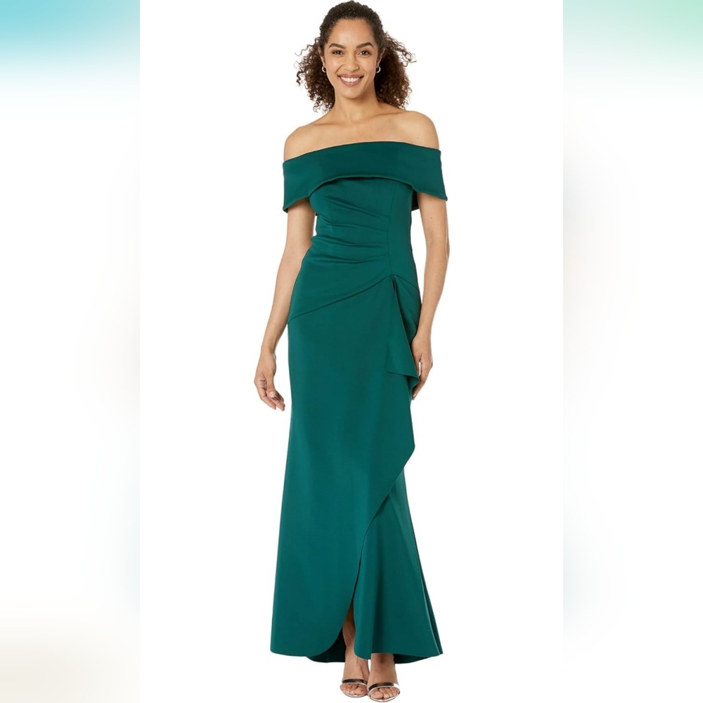 Xscape Evenings Long Scuba Off-The-Shoulder Dress